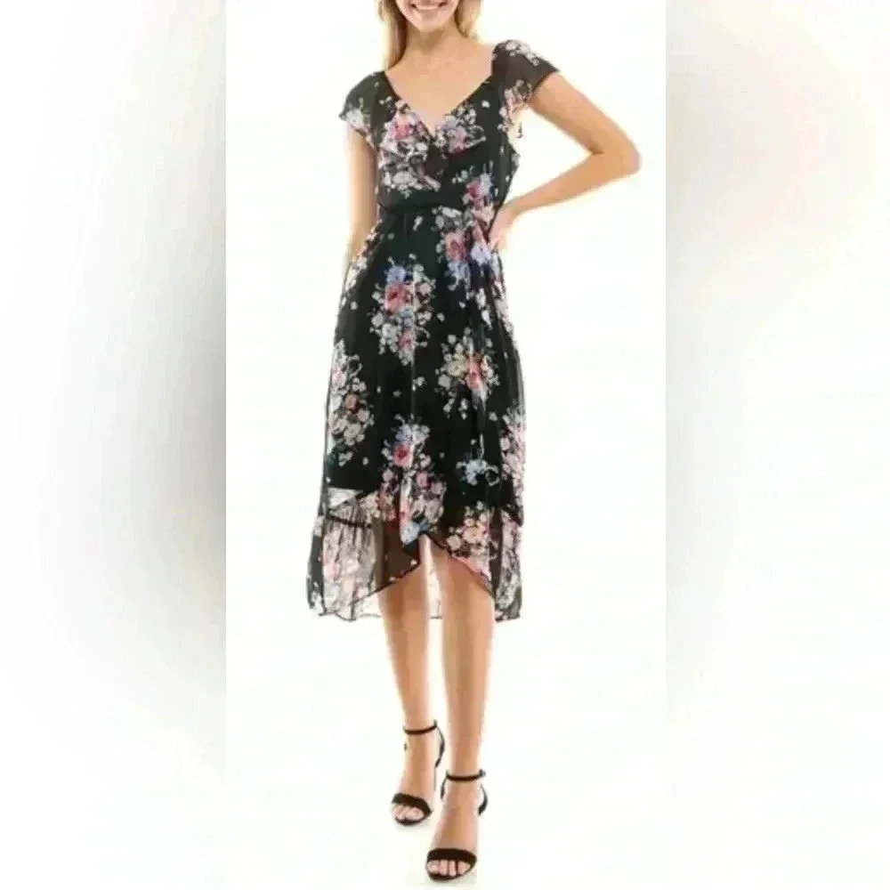 NWT Lily Rose  junior’s Floral Ruffle V neck Faux-Wrap  Hi-Lo Midi Dress Sz XXL